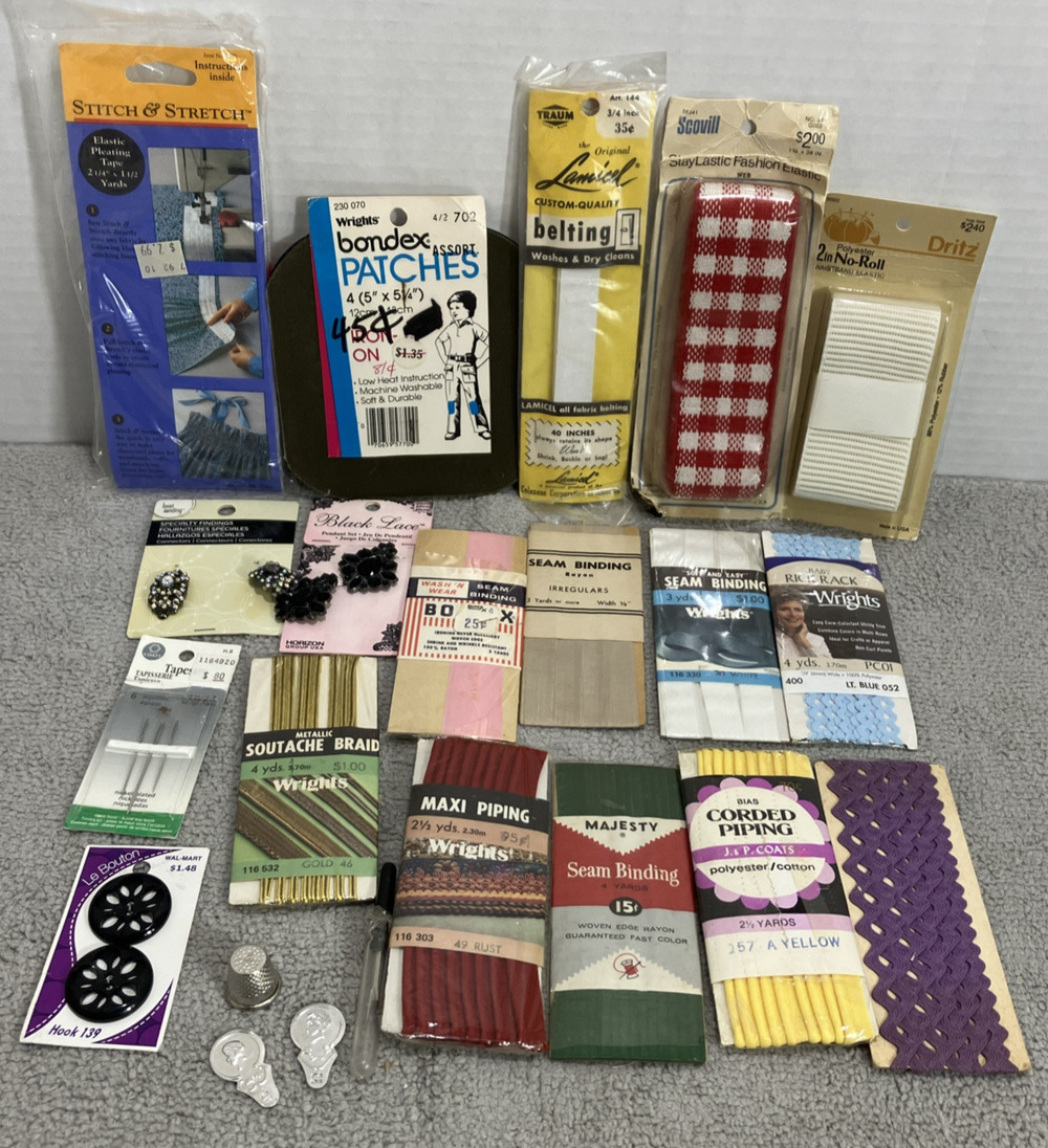 Sewing Notions Mixed Seam Binding Rick Rack Crafts Patches Elastic Lot of 21